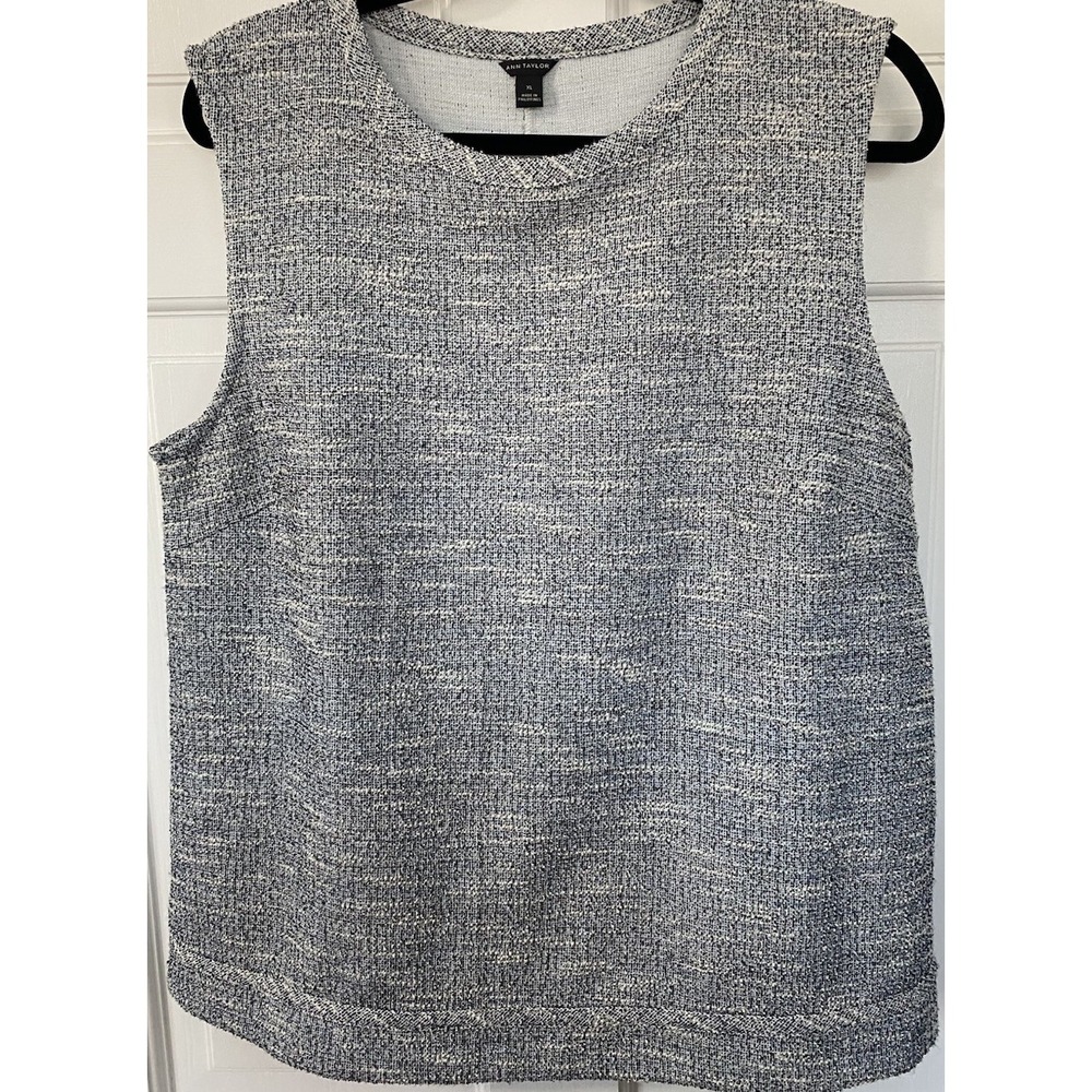 AnnTaylor XL‎ Blue White Tweed Knit Sleeveless Top Shell Tank Career 201-455204